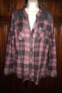 Vanity Karo Spitzen Hemd L/XL Grau Pflaume Silber Metallic Button Down Mauve Lila - Bild 1 von 9