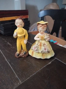 Vintage Artmark Japan Girl & Boy Couple Yellow Dress & Boy With Hat Figurines C2 - Picture 1 of 5