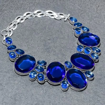 Faceted Tanzanite Oval Shape Gemstone Handmade Gift Choker Jewelry Necklace 18" - Image 1 of 4
