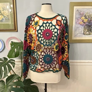Maglione Vintage Uncinetto Floreale S M L Retrò Perline Spiaggia Maglia Aperta Colorato Boho - Foto 1 di 9