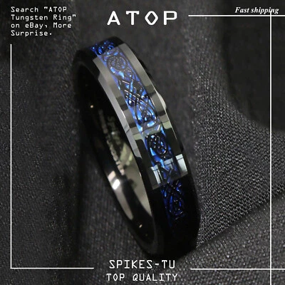 8/6mm Tungsten Carbide Ring Black Celtic Dragon Blue carbon fibre ATOP Jewelry - Image 1 of 4