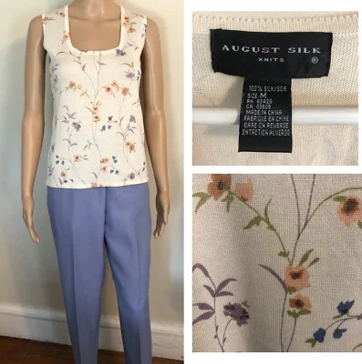 Camiseta sin mangas August tejida de seda talla mediana marfil floral sin mangas 100 % seda Foto 1 de 4