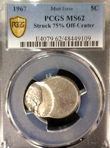 1967 ERROR PCGS MS62 75% OFF CENTER Jefferson Nickel BU + Coin RARE DATE O/C NR - Picture 1 of 4
