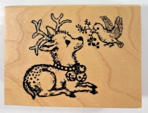 NUOVO Inkadinkadoo Natale Legno Montato Gomma Timbro Renna con Uccellino (C22) - Foto 1 di 6