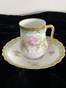 Taza y platillo Lewis Strauss & Sons LS&S Francia LIMOGES pintado a mano Demitasse - Imagen 1 de 10