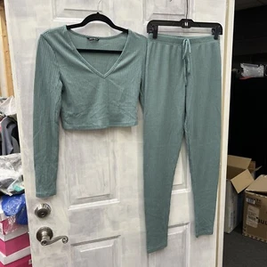 Shein V Neck Ribbed Cropped Shirt With Drawstring Ribbed Pant Set GREEN NWOT - Picture 1 of 4