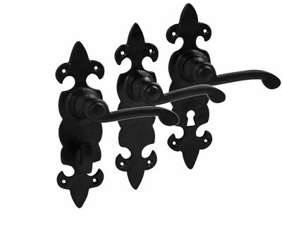 Black Antique Cast Iron Lever Lock Latch Bathroom Fleur de lys Door Handles - Image 1 of 2