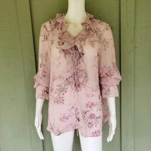 ETCETERA Pink Floral Silk Tunic Blouse 12 Lace Front Ruffle Collar - Picture 1 of 4