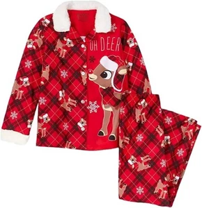 Rudolph Girl's Plaid 'Oh Deer' Button Down Flannel Christmas Pajama Set - Picture 1 of 5