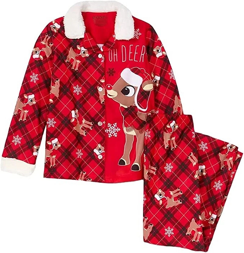 Rudolph Girl's Plaid 'Oh Deer' Button Down Flannel Christmas Pajama Set - Image 1 of 1