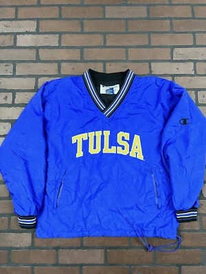 Vintage Champion Nylon Windbreaker Tulsa Men’s Medium Pullover V-Neck Blue/Gold  - Imagem 1 de 4