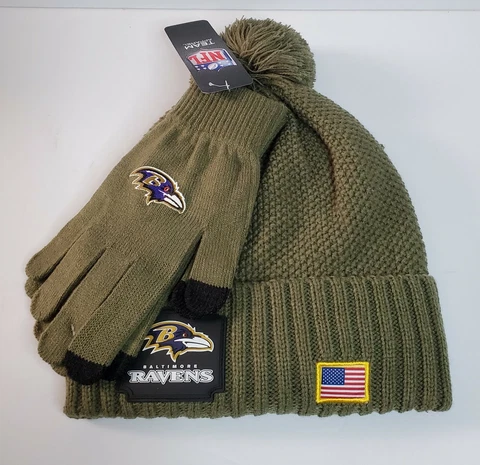NFL Baltimore Ravens Green Salute To Service Knit Beanie with Pom & Glove Set Cover