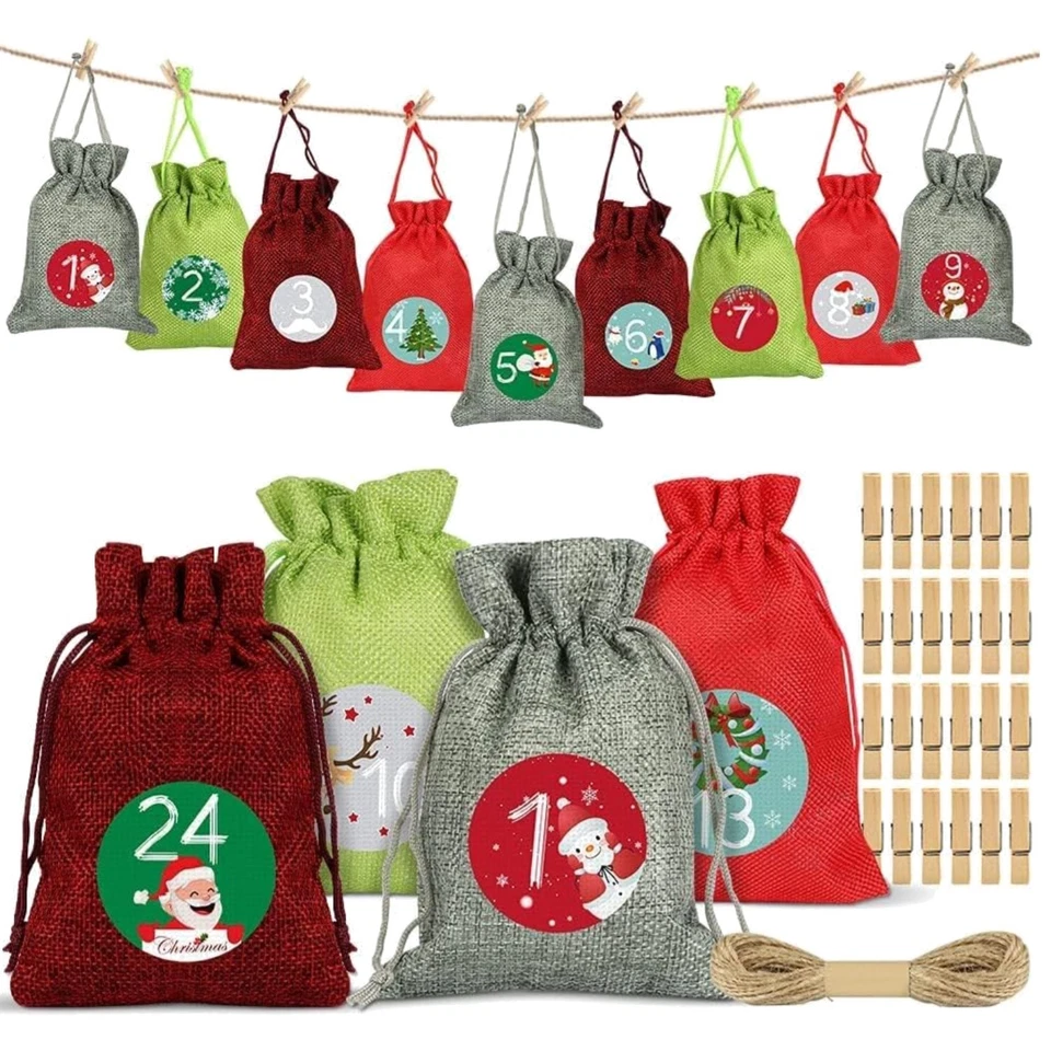 Adventskalender Stoffbeutel Weihnachtskalender Jutesäckchen 24 Stück - Bild 1 von 1