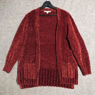 Seven7 Cardigan Sweater Womens Medium Red Chenille Open Front Pockets Cozy Fall - Image 1 of 4