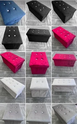 Storage Box Crushed Velvet Diamante Ottoman Folding Foot Stool Seat or Benches - Image 1 of 4