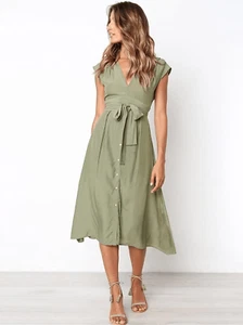 Edary Women's V Neck Short Sleeve Dress, Casual Short Sleeve Tie Waist Dress NEW - Picture 1 of 9