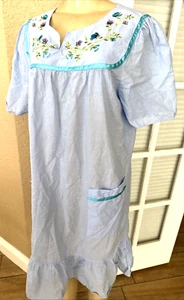 Adonna Sleepwear Floral Cotton Night Gown Blue Floral Embroidery Ruffle Hem gx - Picture 1 of 11
