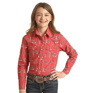 White Label by Panhandle Girl's Horse Pattern Red Snap Button Down Shirt WLGSOS - Picture 1 of 6