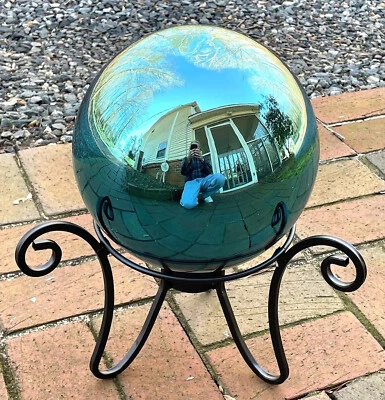 Bola de observación de espejo de vidrio verde azulado de 9,7" pulgadas de ancho x 11,2 pulgadas con soporte de metal Foto 1 de 4