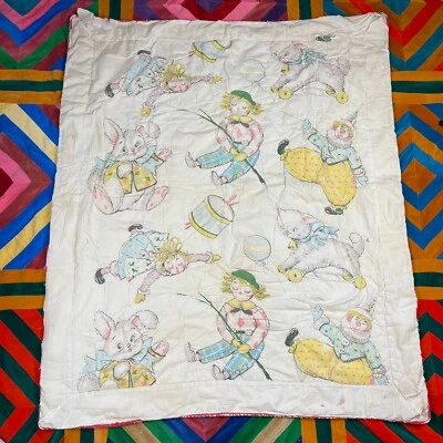 Vintage 1940s 1950s Kitsch Pastel Animals Rag Doll Kitten Baby Quilt 46x39 - Image 1 of 4