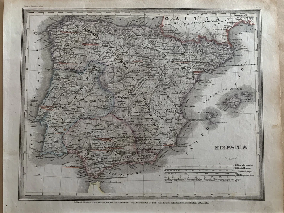1852 ANCIENT SPAIN & PORTUGAL ANTIQUE HAND COLOURED MAP BY MEYER - Image 1 of 3