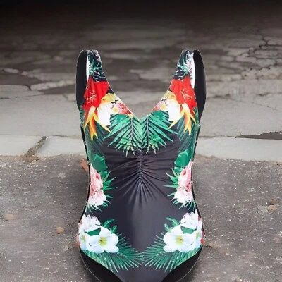 Nicole Miller SwimSuit Side Cadging Floral V-Neck Women Sz 8 NWT $120 - Image 1 of 4