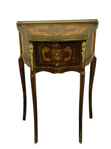 ANTIQUE CONTINENTAL ELABORATE WOOD INLAID OCCASIONAL SIDE TABLE w/ BRONZE MOUNT