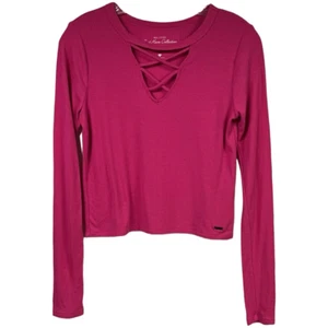 Hollister Must-Have Collection Juniors Pink Long-Sleeve V-Neck Crop Top Small - Picture 1 of 9