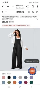 Halara Black Adjustable Strap Button Wide Leg Waffle Overalls Jumpsuit Women's M - Picture 1 of 9
