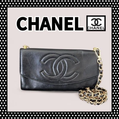 CHANEL Cartera de Piel de Cordero Negra Grande Logo Cadena Dorada Cartera de Hombro Auténtica Usada Foto 1 de 4
