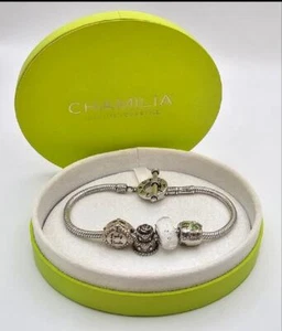 Chamilia 7.9" Sterling Toggle Bracelet + 4 Chamilia Wedding/Bridal Theme Charms - Picture 1 of 15