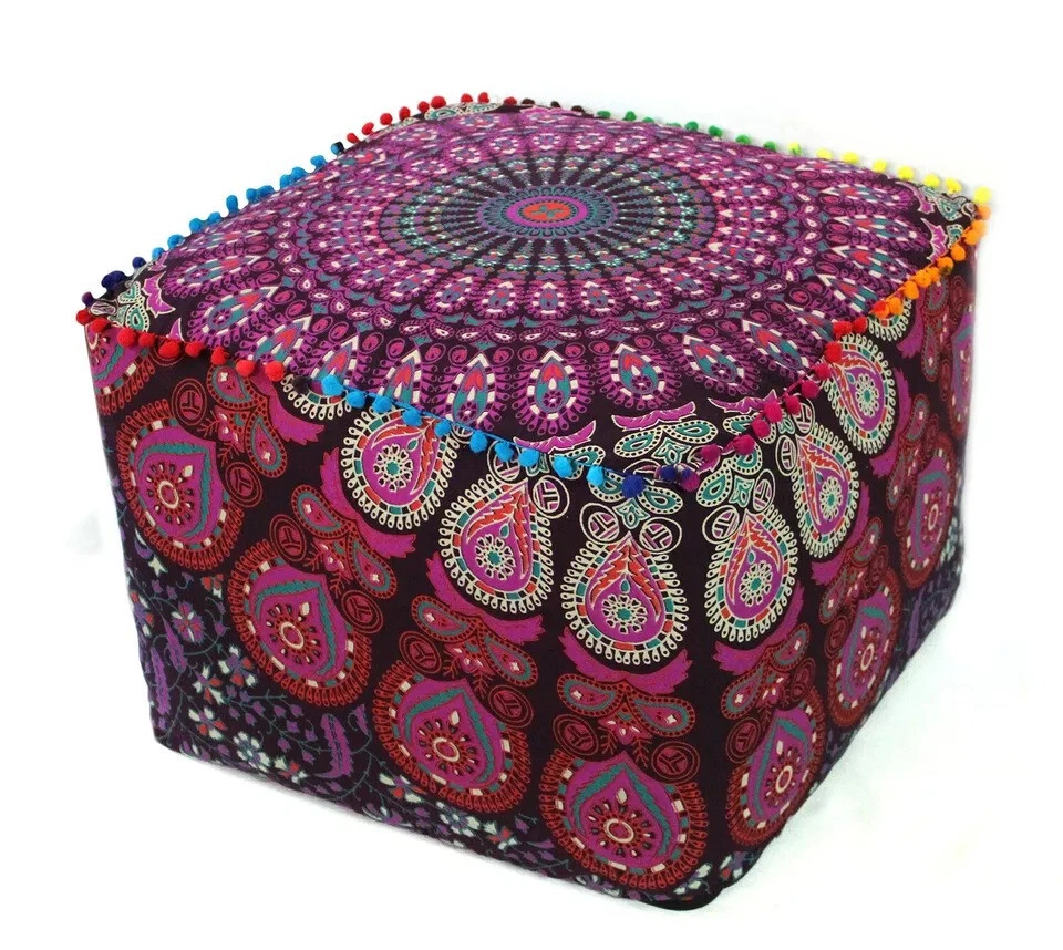 Indian Handmade Square Pink Peacock Style Ottoman Pouf Cover Footstool All Size - Image 1 of 4