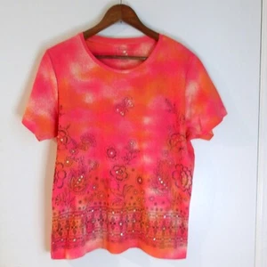 Jane Ashley T-Shirt mit Blumenverzierung Freizeit Oberteil rosa orange Gr. XL /#6141 - Bild 1 von 5