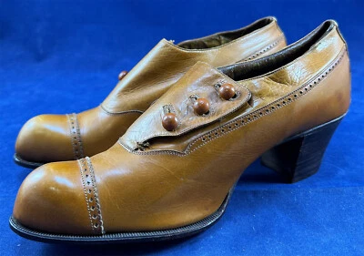 Zapato Eduardiano Reina Alexandra Sin Usar Cuero Marrón Bajo Lado Botón Golpe Punta De Colección Foto 1 de 4