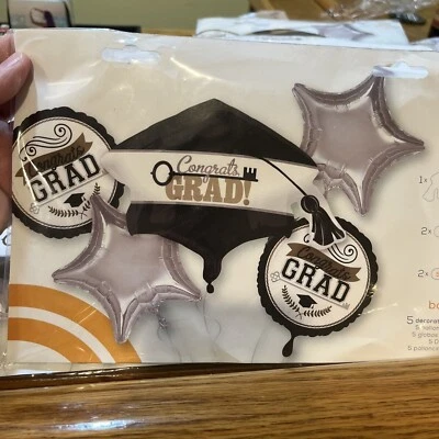 Congrats Grad Gold, Silver & Black Cap Foil Balloon & Banner - Graduation Party - Image 1 of 2