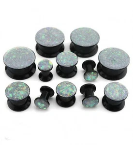 PAIR-Opal Glittered White Stash Acrylic Screw On Ear Plugs 14mm/9/16" Gauge  - Picture 1 of 4
