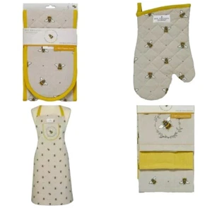Cooksmart Double/Single Oven Gloves Apron Tea Towel Organic Cotton Bee Gauntlet - Picture 1 of 9