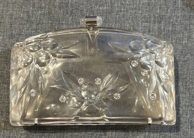 Bolso de mano de noche Lucite transparente de los años 50 con detalles de diamantes de imitación Foto 1 de 4