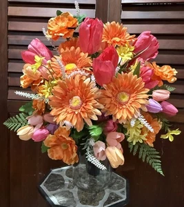 Cemetery Flowers Spring Sympathy Grave Artificial Arrangement Orange Pink Gerber - Picture 1 of 5