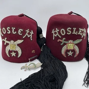 Two Masonic Shriners Moslem Felt Fez Hats w/ Tassels & Sword Sabre Pin - Picture 1 of 13