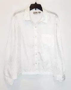 CHICO'S 2 Crinkle Satin White Long Sleeve Embroidered Button-Up Top Sz 12 LARGE - Picture 1 of 7