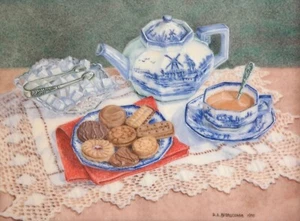Dianne Branscombe RMS Signed Watercolour On Ivorine Miniature, tea and biscuits - Picture 1 of 11