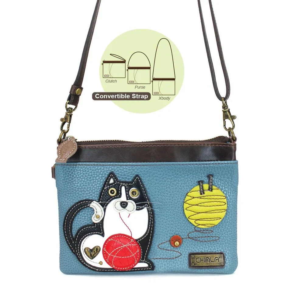 Chala Fat Cat Kitten Mini Crossbody Cell Phone Purse Adjustable Strap Blue