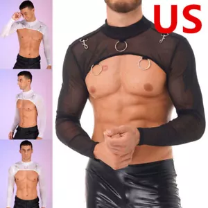 Sexy Mens T-shirt Mesh See-Through Long Sleeves Underwear Club Wear Tank AU - Picture 1 of 34