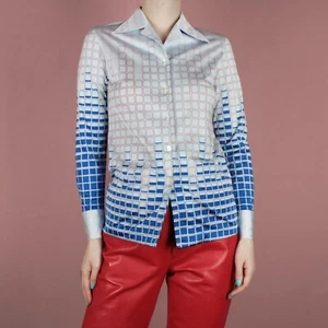 Vintage 70s 80s blue white geometric womens retro mod blouse shirt top XS S 6 8 - Picture 1 of 7