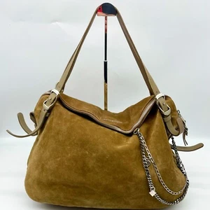 Jimmy Choo Tote Handbag Brown Suede Leather Silver chain Y2K 00VTL4 Authentic - Picture 1 of 23