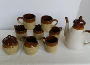 Vtg Taiwan Three Tone Brown Pottery Coffee Pot 6 Cups Creamer & Sugar Bowl w/Lid - Picture 1 of 8