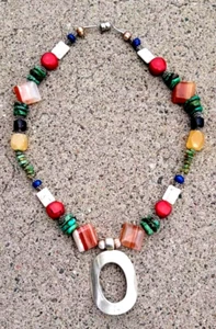 Turquoise, Coral, Lapis Necklace W/ Sterling 925 Pendant - New Mexico - Picture 1 of 2