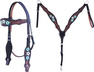 Breast Collar Western Set Tack Headstall Leather Horse Reins And Toole Horses - Picture 1 of 3