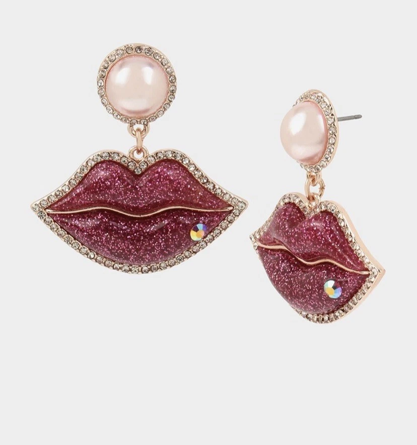 Betsey Johnson Big Kiss Glitter Lips Rhinestone Pearls Earrings100 Authentic